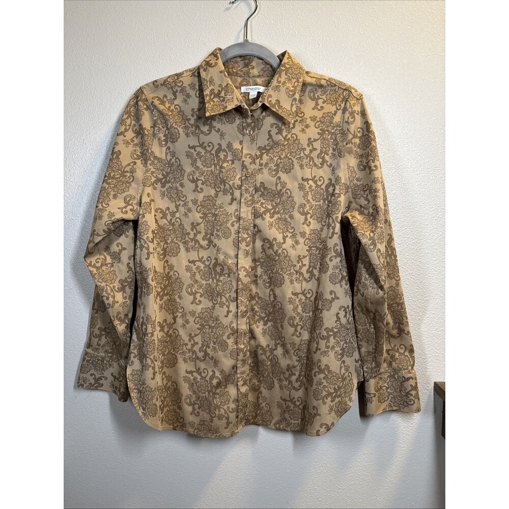 Chico's Women's‎ No Iron Jacquard Shirt Tan Bronze 1.5 S/M  Floral Classy Blouse